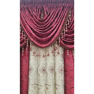 Luxury Stefania Burgundy 7PC Curtain Set with Elizabeth Embroidered Center Curtain & Backing