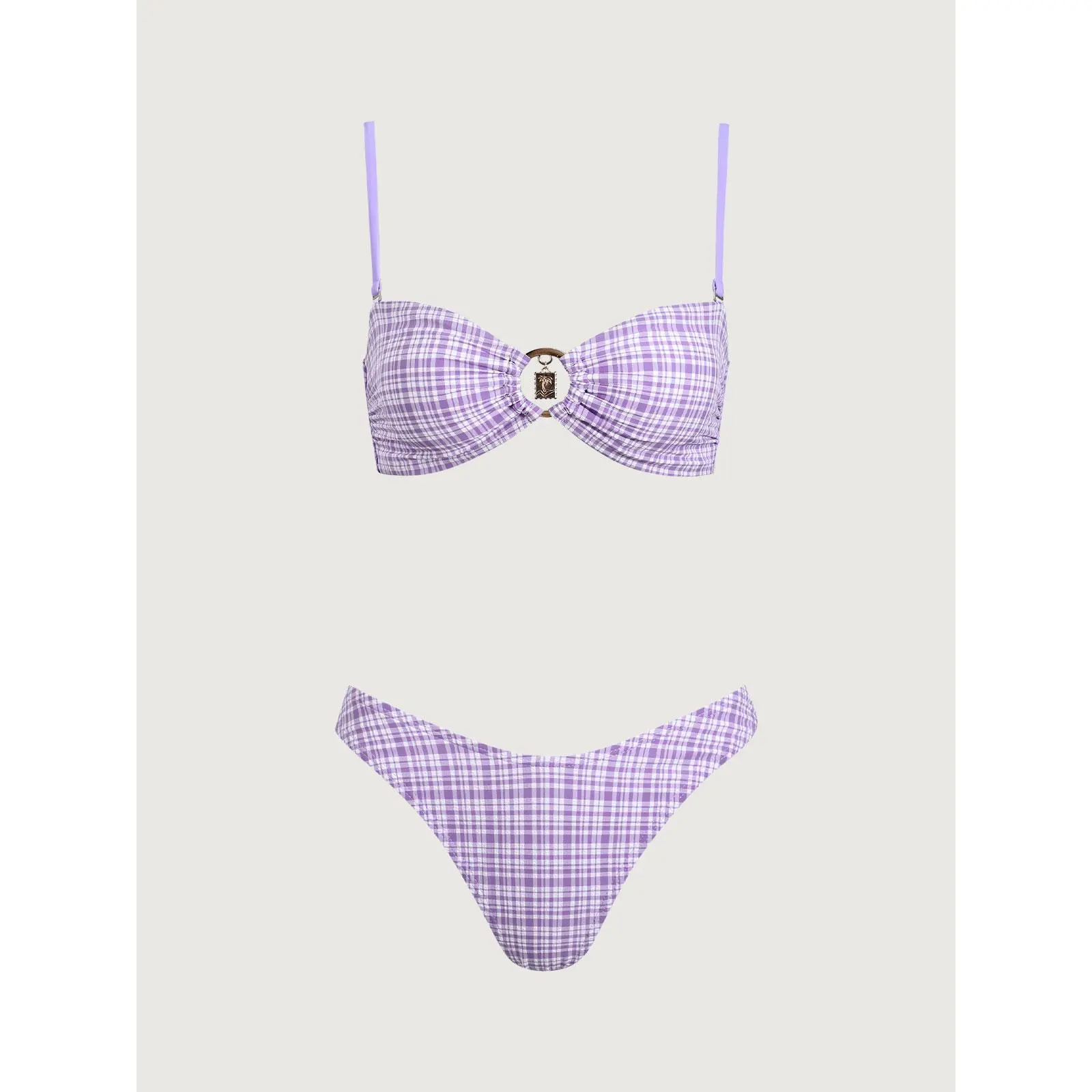 SAMIOL Purple Plaid O-Ring Bikini Set Bikini Set High Waisted Whip Stitch Two Piece Swimsuit Scoop Neck Padded Bathing Suit Boho Tropical Print Beach Swimwear for Women