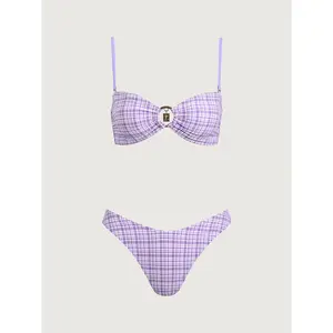 SAMIOL Purple Plaid O-Ring Bikini Set Bikini Set High Waisted Whip Stitch Two Piece Swimsuit Scoop Neck Padded Bathing Suit Boho Tropical Print Beach Swimwear for Women