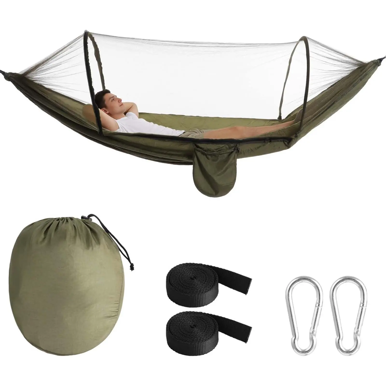 Durable Portable Nylon Fabric Camping Hammock with Mosquito Net, 8.5ftx4.6ft/260cmx140cm Unisex Quick-Setup Swing for Camping Outdoors, Includes Carabiners, Tree Straps (102inch Length Reference), Durable Portable Hammock, Hiking