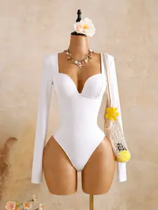 Y2K Chic Women's Slim-Fitting Multi-Functional Bodysuit, Long Sleeve Beachwear with Plunge Cup Design, Flattering Curves for All Seasons