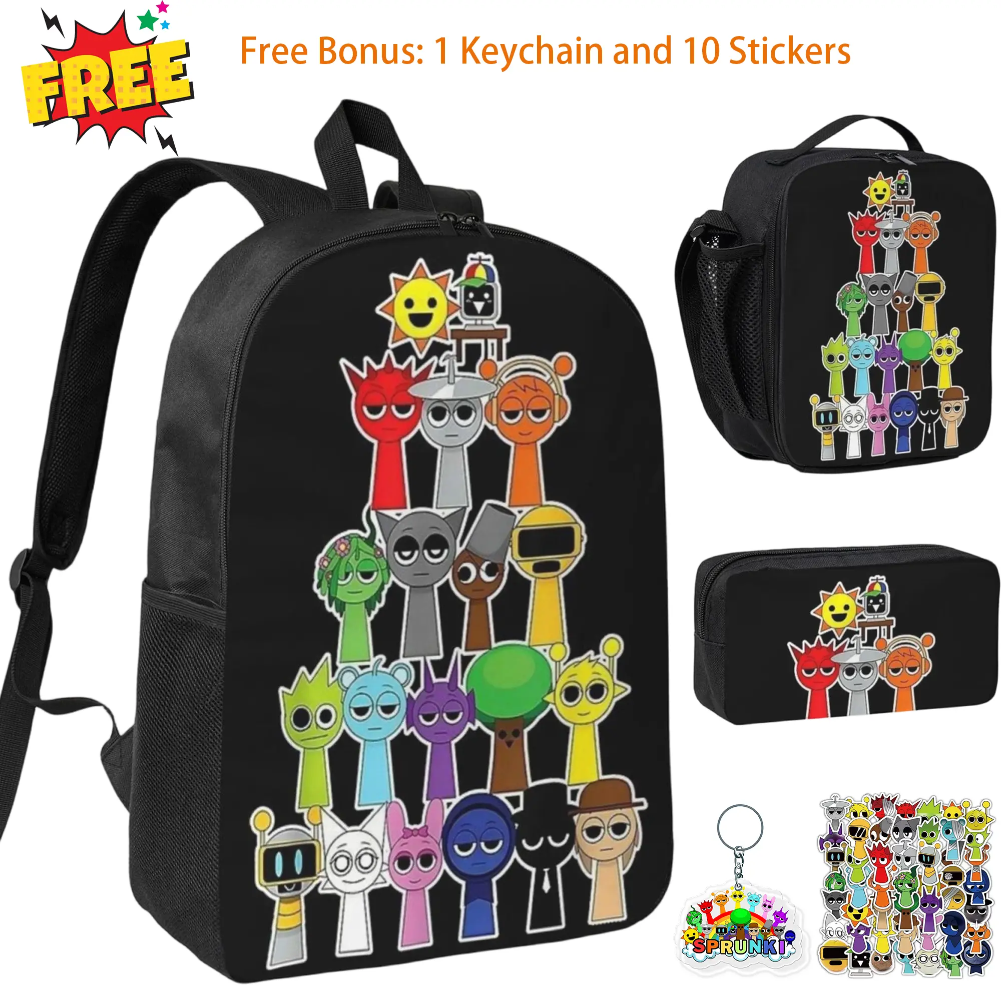 3pcs Sprunki Backpack Set for Girls & Boys Sprunki plush Laptop School Bag with Insulated Lunch Bag & Pencil Pouch Popular Sprunki toys Daypack for Teens, Students & Office Workers