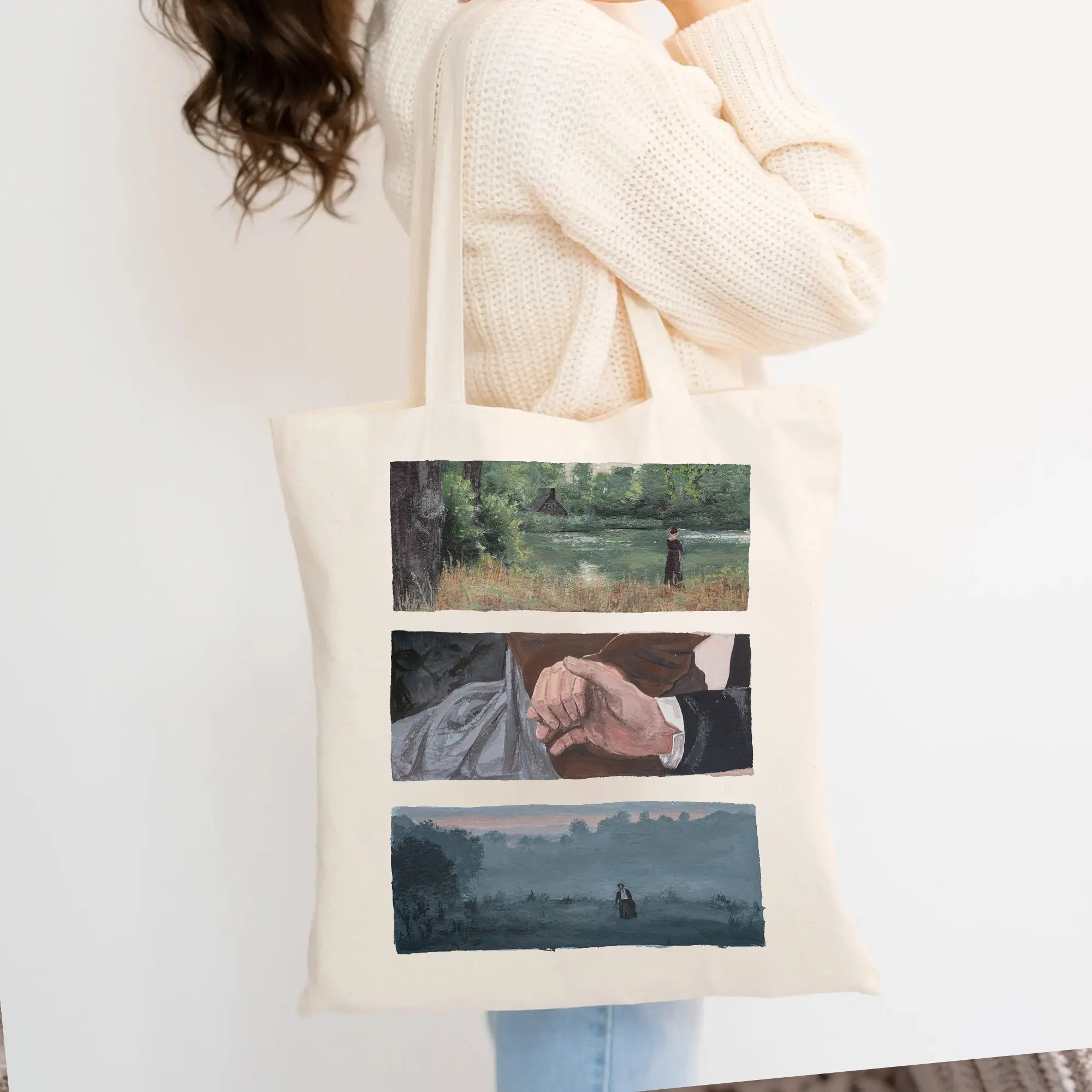Pride and Prejudice Romance Scene Art Tote Bag Jane Austen Book Fandom Merch Mr Darcy Hand Flex Scene Bookish Gift for Her Romance Reading Tote