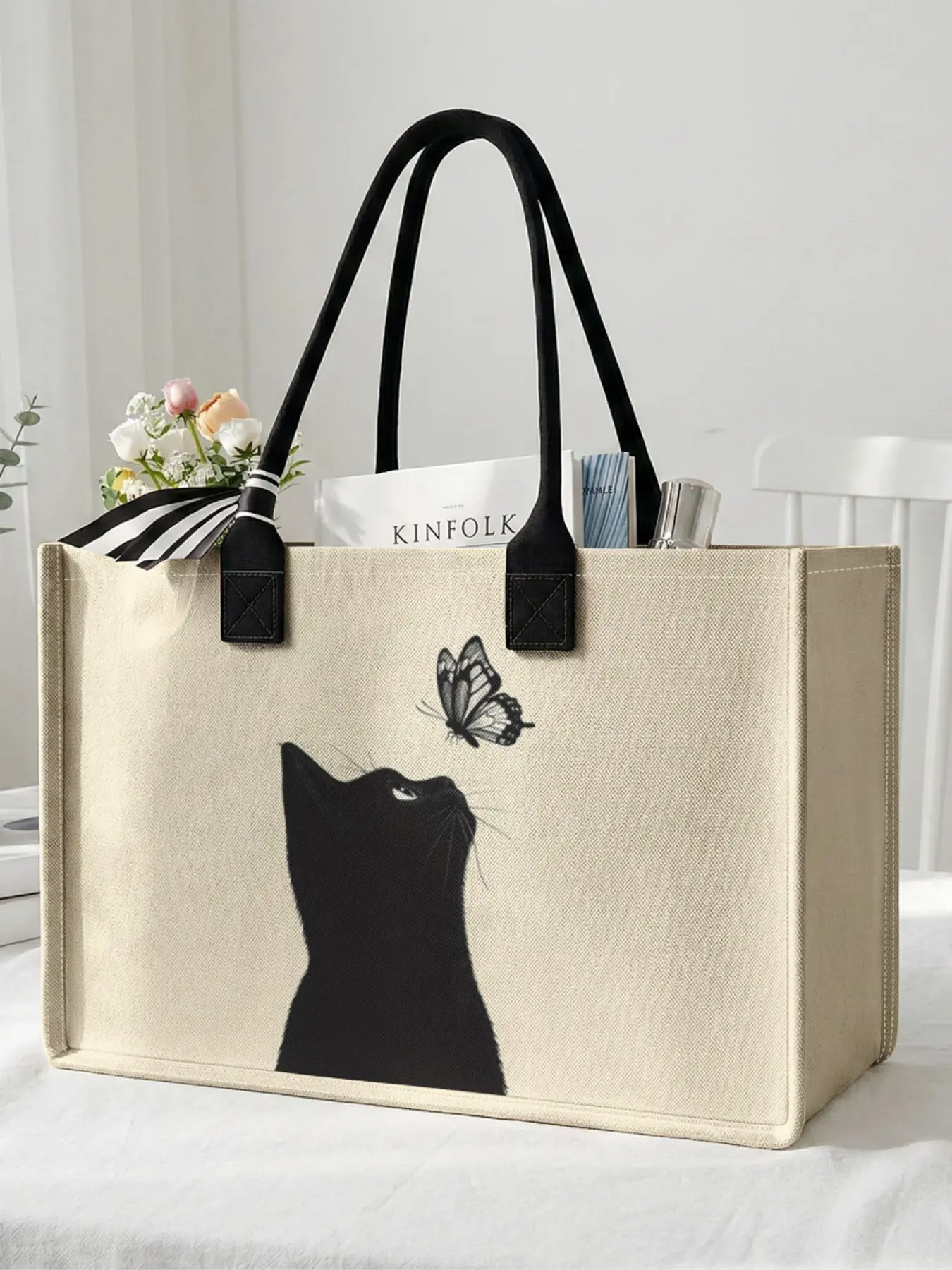 1 piece of black cat and butterfly pattern 2D printed large capacity storage bag, extra large storage bag, sturdy handle, space-saving multi-purpose, suitable for going to school, traveling, shopping use