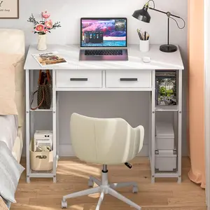 White Computer Desk with Drawers, 37.3 Inch Home Office Work Desk with Storage Shelf, Kids Teens Study Table for Small Space, Small Writing PC Table for Bedroom Makeup Vanity Desk
