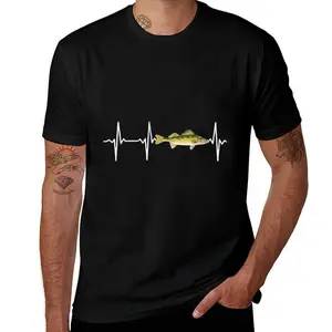 Walleye Heartbeat Design Mens T Shirts Cotton Short Sleeve T-Shirt Crew Neck Tees Casual Shirt