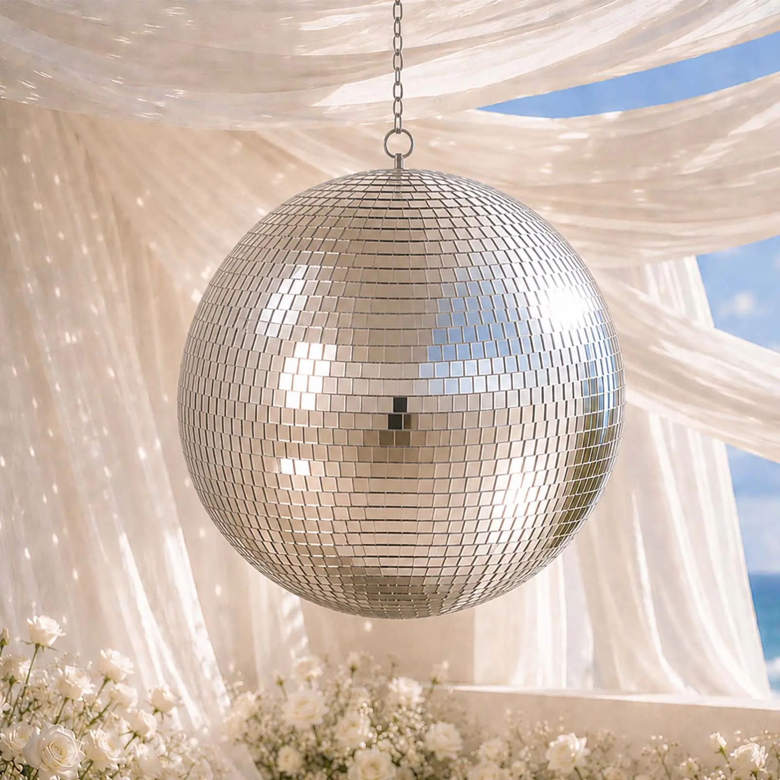 24" Large Silver Foam Disco Mirror Ball - Hanging Swivel Ring Included, Glam Dance Decoration, Christmas Tree Decoration for Birthday Party Home Supplies, Ornaments