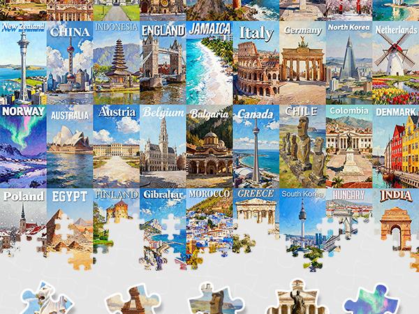 Travel Puzzle Jigsaw Puzzles for Adults 1000 Pieces, 63 World Wonders Travel City Jigsaw Puzzle Colorful Wall Art Decor