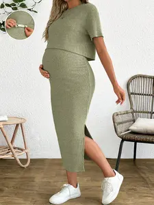 MOMSY 2pcs/Set Maternity Solid Color Short Sleeve Top And Skirt Summer Casual Outfit