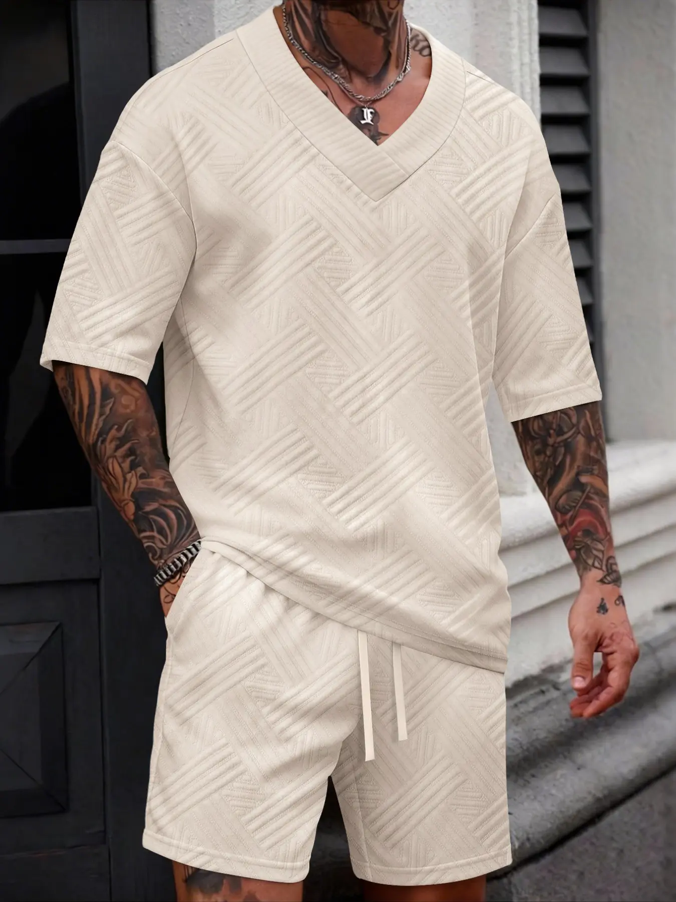 Men's Summer Casual Jacquard Short Set - Lightweight V Neck T-Shirt and Shorts 2 Piece Tracksuit for Lounge & Streetwear Menswear