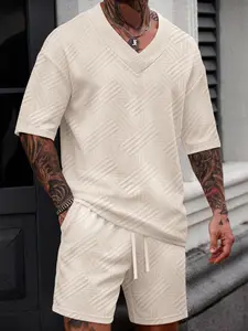 Men's Summer Casual Jacquard Short Set - Lightweight V Neck T-Shirt and Shorts 2 Piece Tracksuit for Lounge & Streetwear Menswear