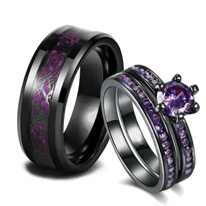 Couple Rings His Her Wedding Ring Sets Matching Rings Purple CZ Black Rings Titanium Men Ring