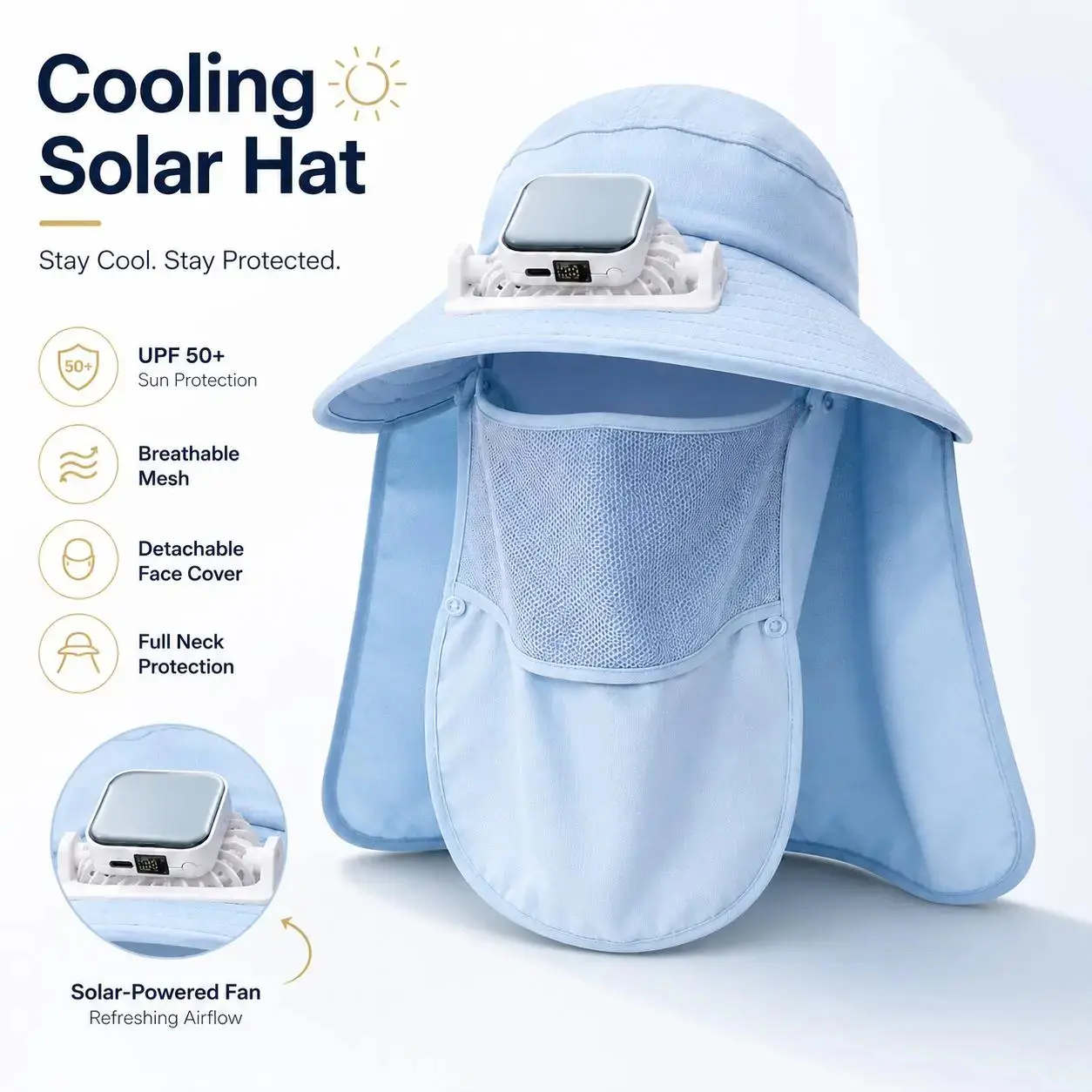 2026 Solar-Powered Cooling Fan Bucket Hat, Detachable Neck & Face Flap Sun Shield, Wide Brim 360° UPF50+ UV Protection Breathable Mesh Lightweight Sun Hat, Hands Free Cooling Headwear for Men Women, Great for Fishing, Camping, Gardening, Yard Work