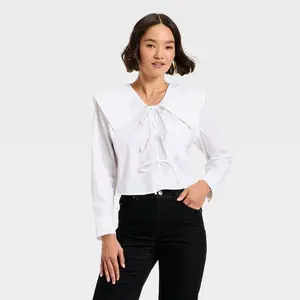 Women's Long Sleeve Relaxed V-Neck Tie-Front Blouse - Future Collective