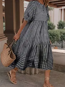 Round Neck Short Sleeve Plaid Long Casual Dress, Women's Fashionable Leisure, Comfortable and Stylish Daily Wear