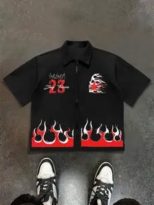 Men's Graphic Print Flame Zipper Casual Streetwear Shirt, Street Style Fitted Summer Top, Fashionable Woven Fabric for Outdoor Activities