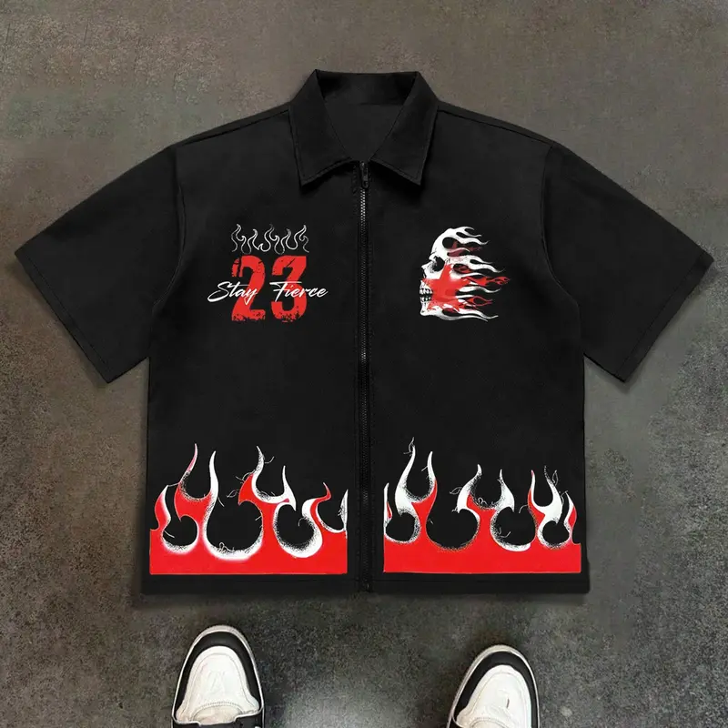 Men's Graphic Print Flame Zipper Casual Printed Cool Streetwear Shirt, Street Style Fitted Summer Top, Fashionable Woven Fabric for Outdoor Activities Shortsleeve, Casual Collared Shirt, Casual Trendy Shirt