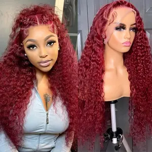 99j 13x6 Deep Wave Lace Front Wigs Human Hair 30 inch HD Transparent Lace Front Wigs Human Hair for Women 180% Density Pre Plucked Wet And Wavy Red Colored Deep Curly Lace Frontal Wig