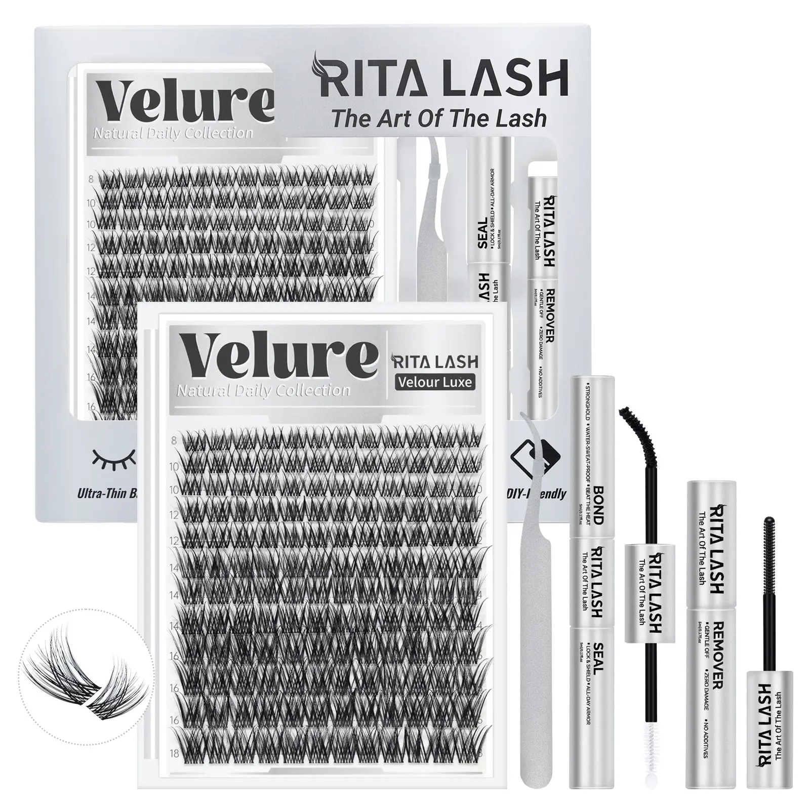 RITALASH Velour Luxe Collection Lashes Kit, 144 pcs Ultra-Dense Waterproof Long-Lasting Clusters, Venus Natural Daily Style, Beginner-Friendly Lash Clusters with Bond, Seal and Tweezers