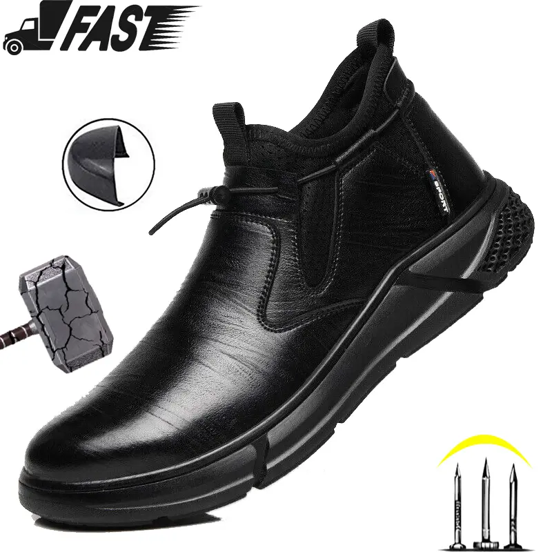 Fashion Safety sneaker Men's non-slip Work Steel Toe Shoes Male Indestructible Protective Shoes Puncture-Proof Security Footwear Work Boots Black High quality texture Water resistant Construction site Work & Daily Wear Design