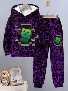 Boys Pixel Game Hooded Set, Character Print Sweatshirt & Drawstring Pants Two-Piece, Casual Spring & Fall Kids Clothing