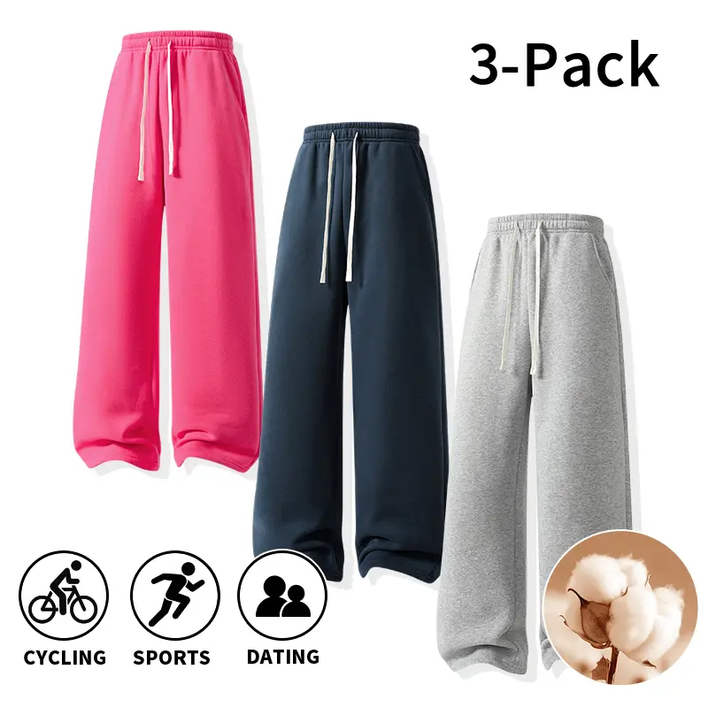 Men's 3-Pack Cotton Blend Drawstring Loose Wide Leg Baggy Sweatpants - Athleisure Style Bottoms, Casual Jogging Pants, Soft Warm Autumn Winter Daily Loungewear Trousers, Drawstring Loose Sweatpants, Athleisure Fitness Pants, Casual Fashion Sweatpants