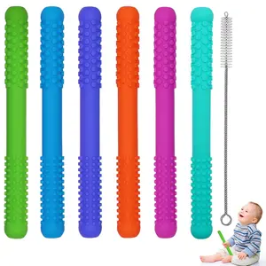 6 Pack Hollow Teether Tube, Silicone Tubes Baby Teether Toys,Chew Straws Toy for 3-12 Months Babies Molars,Teething Relief,BPA Free/Freezable,Dishwasher Safe,Easy to Clean