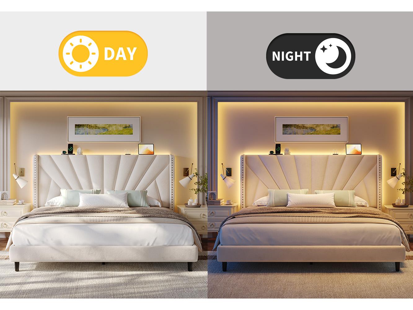 Solid Wood Queen/King Size Bed Frame with 51" Velvet Upholstered Headboard, up to 900 LBS Foundation with All Sturdy Metal Support,Headboard with Charging Station and LED Lights, Wingback Headboard, No Box Spring Needed, Noise-Free,Easy Assembly