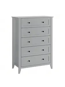 Gray Modern 5 Chest Of Drawer Dresser, Modern Tall Nightstand With Deep Drawers And Nickel Round Handle, Wood Organizer Storage Cabinet For Bedroom, Living Room, Hallway (5 Drawers)