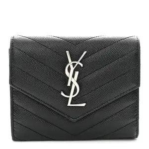 Pre-owned Yves Saint Laurent Leather Small Leather Goods Grain De Poudre Matelasse Chevron Monogram Compact Tri Fold Wallet Black