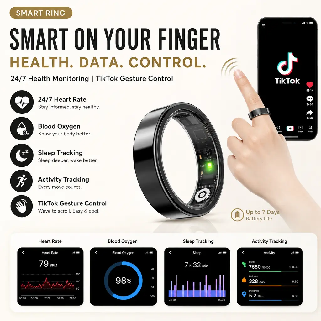 Unisex Health Monitor Fitness Tracker - 24/7 Sleep Tracking, Heart Rate & Temperature Monitoring, Stress & Cycle Insights, Family Care Mode, No Subscription, Android & iOS Compatible, Waterproof Wearable Fashion Accessory, Everyday Wear