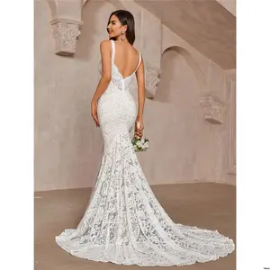 Bridal - Season Graduation Weddings For Suitable Dress Tail Mermaid Through - See Lace Stretch Neck - White Gorgeous And Belle tiktok Elegant Contrasting Color V Scalloped Backless Silhouette Holiday Parties Extra Long Floor Length Wedding