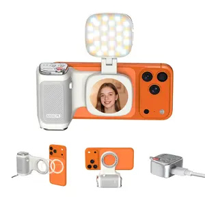 Handheld Grip Phone Stand Serves As a Camera Assistant, Featuring a Mirror And a 2-In-1 LED Fill Light. It Is Compatible with Iphones Running Ios 26/Ios 18, Designed for Ergonomic Handling, Includes a One-Tap Camera Function