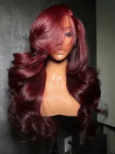 34 Inch 99J Burgundy Lace Front Wig 180% Density 13x6 HD Transparent Lace Frontal Human Hair Wigs Glueless Body Wave Human Hair Wig Red Wine 99J Colored Pre Plucked With Baby Hair For Women