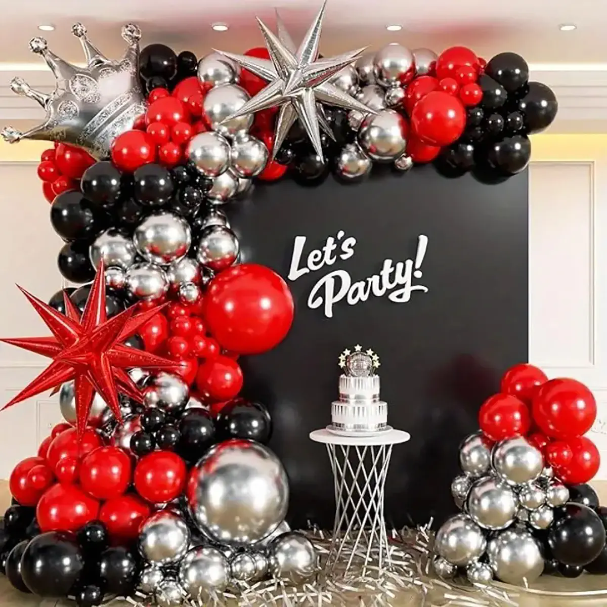 138pcs Black, Silver, Red Latex Balloons Garland Arch Kit for Crown Exploding Star Birthday Celebrations, Room Decor, Home Bar Indoor-Outdoor Background Supplies