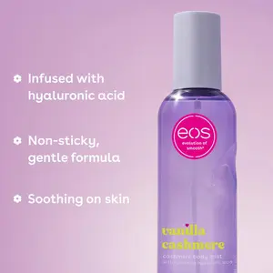 eos Cashmere Body Mist, Vanilla Cashmere, Soft Musk, Cozy Caramel, Hair Mist, Body Spray for Women Moisturizing, Hyaluronic Acid, Vanilla Body Spray, Vegan, Cruelty-free, 6 fl oz