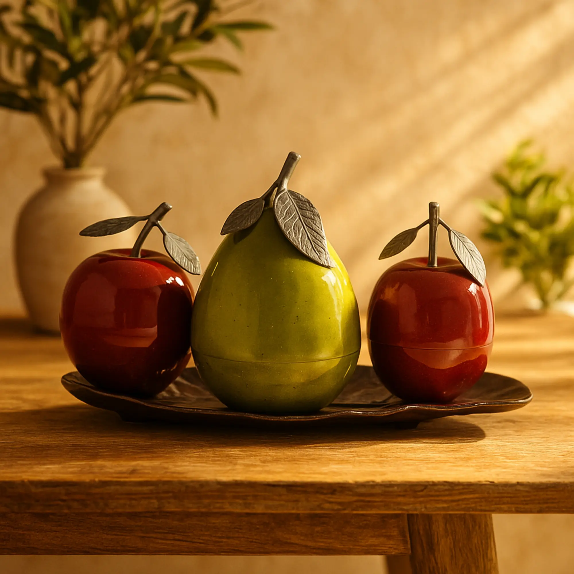Vibrant Metal Traditional Fruit Figurine with Platter & Plates, 18"x10"x11" Refined Vintage Look Glossy Home Decor Statue for Table, Indoor Decor & Gift