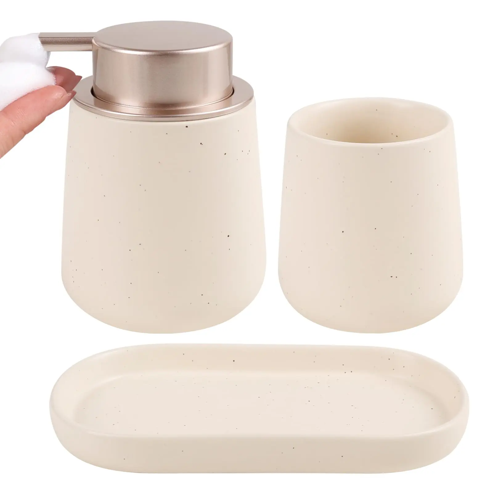 BosilunLife 3-Piece Eco-Friendly Ceramic Bathroom Accessory Set - Foaming Soap Dispenser, Toothbrush Organizer with Tray, Retro Vintage Modern Farmhouse Vanity Decor, Compact Fit for Modern Homes, Apricot Housewarming Gift, Organize Toiletries