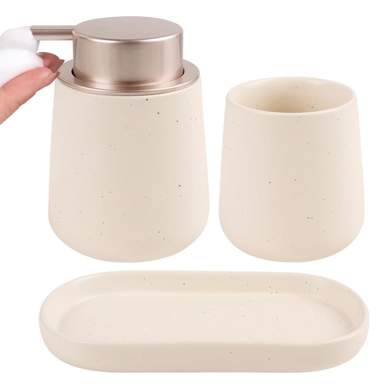 BosilunLife 3-Piece Eco-Friendly Ceramic Bathroom Accessory Set - Retro Vintage Foaming Soap Dispenser, Toothbrush Organizer with Tray, Compact Toiletry Holder, Apricot Farmhouse Vanity Decor, Housewarming Gift for Modern Homes
