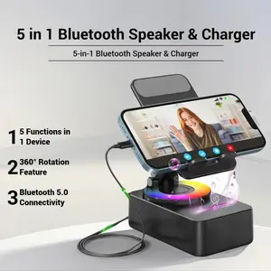 5-in-1 Wireless Bluetooth Speaker with Phone Holder: 360° Rotating Stand, Charger & Magnetic Mount, Rechargeable for Kitchen Use – Adjustable & Stable Cellphone Holder