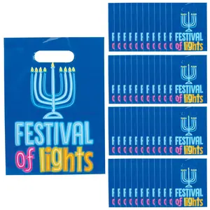 Neon Hanukkah Plastic Goody Bags, 7"x9.5", Bulk 50-Pc Medium Size, for Menorah Holiday Celebrations, Holding Gifts & Treats