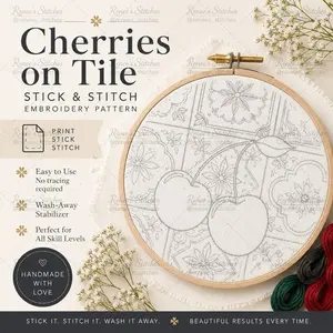 Cherries on Tile Embroidery Pattern 6in Stick and Stitch