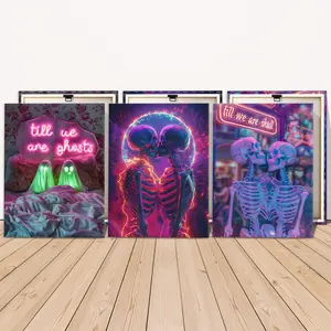 3 Counts Wooden Framed Canvas, Neon Skeleton Couple And Ghost Love Images, Exquisite Poster, Perfect Living Room Decoration, Modern Art, Fashion Family Poster, Wall Art Decoration, Waterproof Art