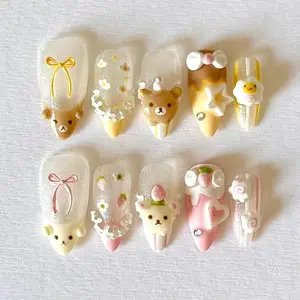 [FLASH SALE 50%] Sweet Bear Bakehouse Press On Nails Original Handmade Kawaii 3D Rilakkuma Nail Set With Strawberries And Ribbons Cute Dessert Inspired Design