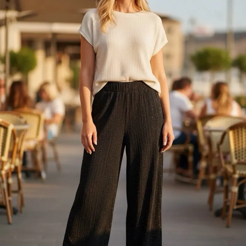 Black Pleated Pants with Silver Glitter for Glamour Party Eveningwear Stylish and Elegant Design