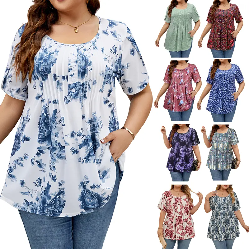 [1X-5X]Auciccoo Plus Size Tunic for Women Summer Tulip Short Sleeve Tunic Tops Scoop Neck Floral Printed Casual Soft Blouses Top Shirts Womenswear