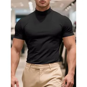 Men's Solid Color Turtleneck Sports Tee, Regular Fit Sporty Short Sleeve T-Shirt for Gym Workout Running, Men's Sport & Outdoor Clothing for All Seasons