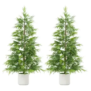 2 Pack 4Ft Artificial Cedar Topiary Trees for Front Porch Decor, Artificial Christmas Tree, Uv Rated Potted Plants, FauxPlants for Entryway, Living Room, Office, Apartment