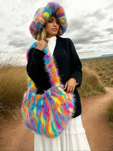 Women's Fashionable Colorblock Plush Heart Shaped Bag & Hat Set, Casual Street Fuzzy Crossbody Bag & Hat, Trendy Fluffy Bag Set for Daily Use