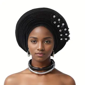 Traditional African Muslim Black Wedding Party Hat, Layered Applique Headpiece, Nigerian Gele Hat, Suitable for Daily Wear, Weddings, Tea Parties, and Other Special Occasions, Mother’s Day Gift